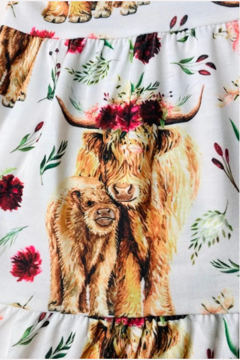 Highland Cow & Calf, and Marron Floral Long Sleeve Girls Dress