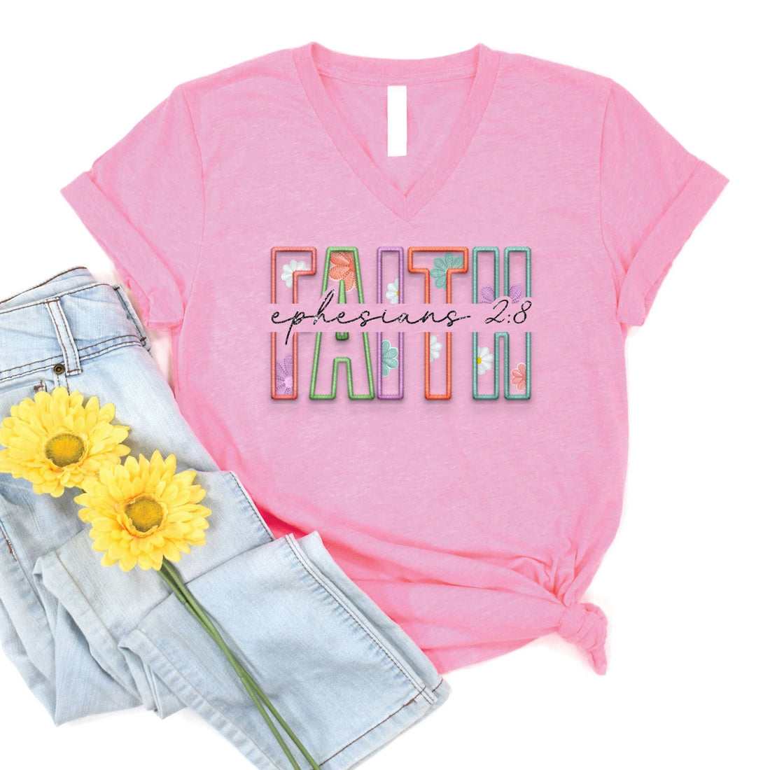Faith, Ephesians 2:8 Heather Pink Bubble Gum V-Neck