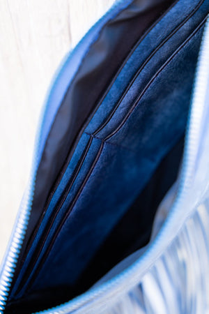 Inside View- Blue Leather Fringe Bangle Wristlet