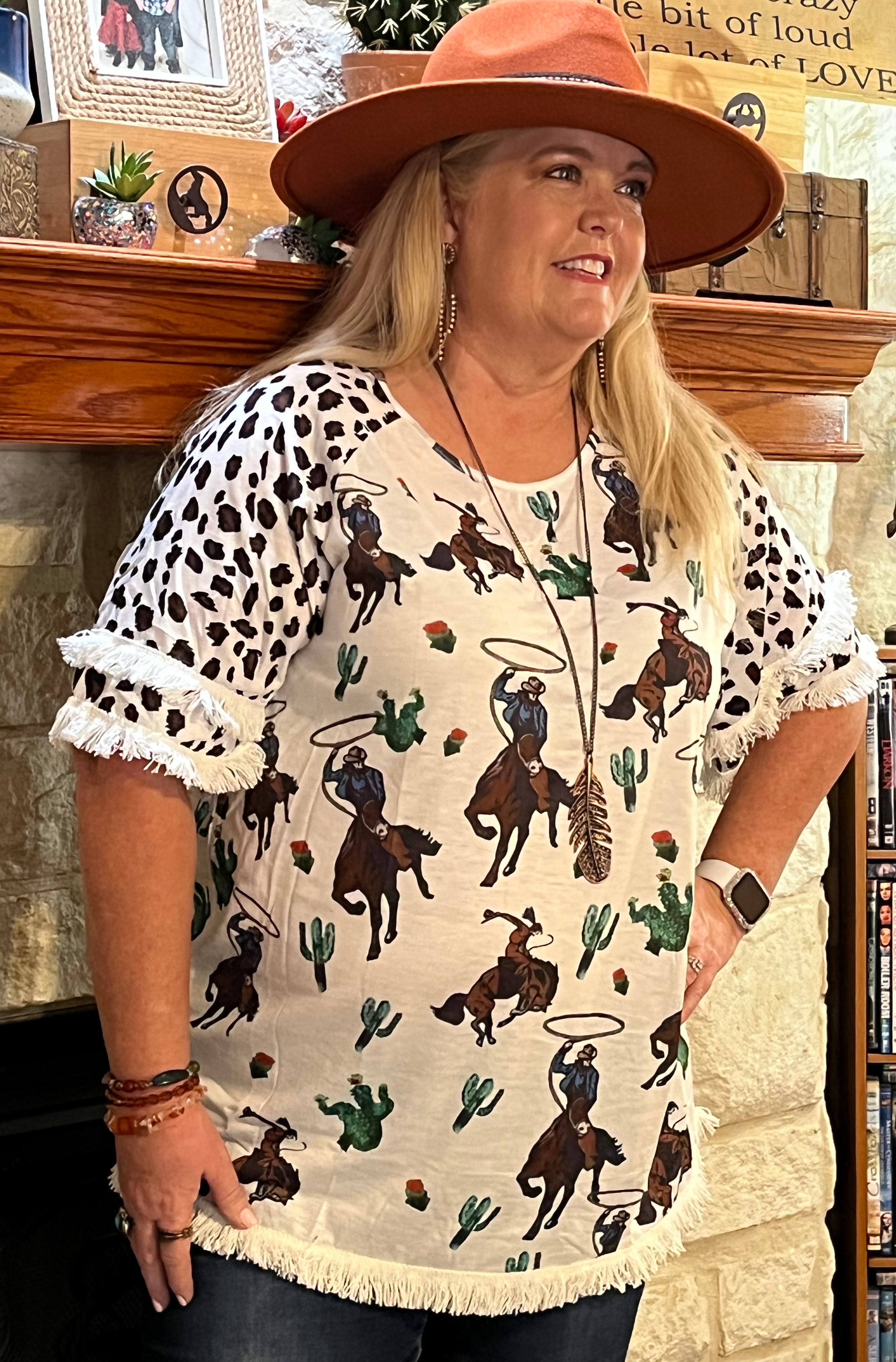 Side View-Bucking Bronco Shirt with Leopard Print Sleeves with Fringe