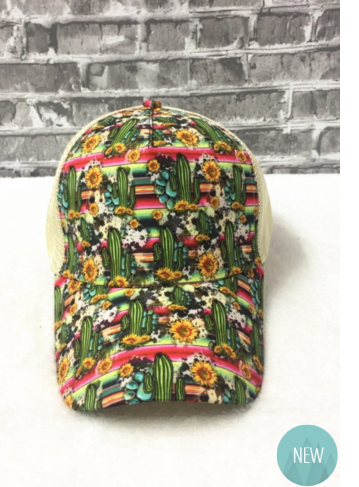 Multicolored Cactus Messy Bun Cap