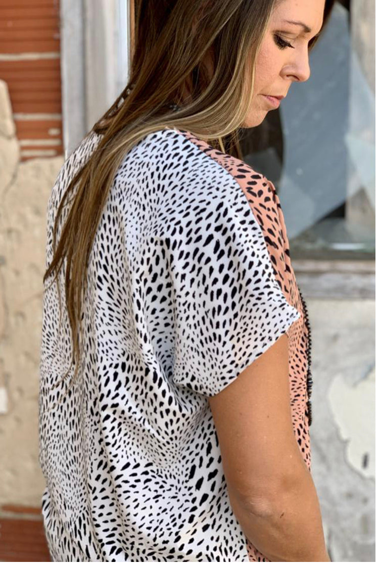Back Side View-Colored Mixed Leopard Short Sleeve with Pocket