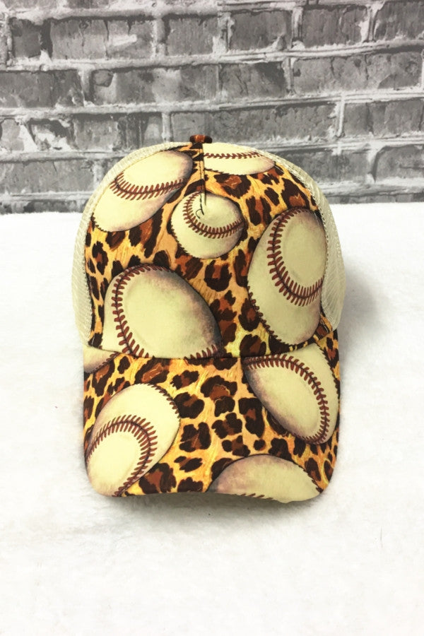 Front View-Baseball Print Messy bun cap