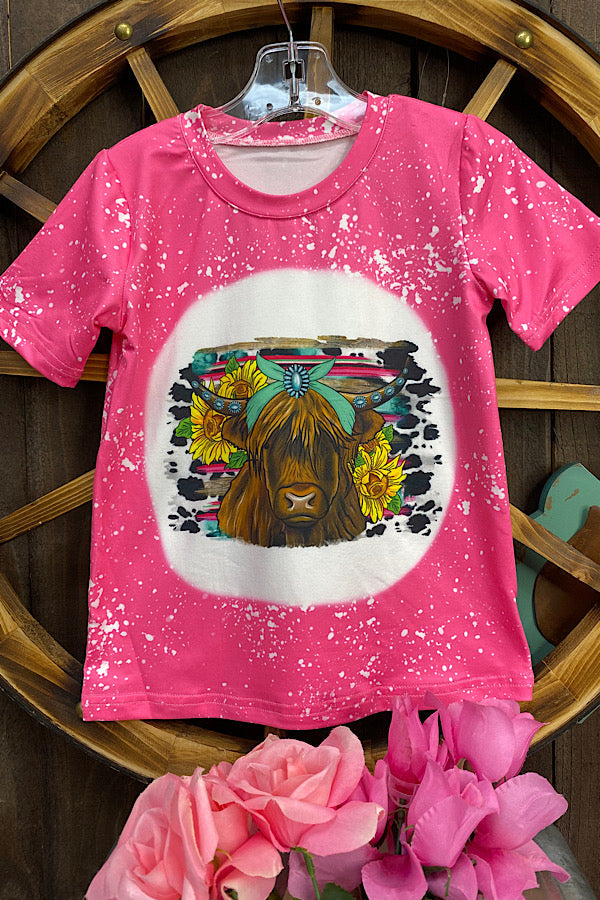 Girls Pink Bleached Highland Cow with Sunflowers Shirt D.J s