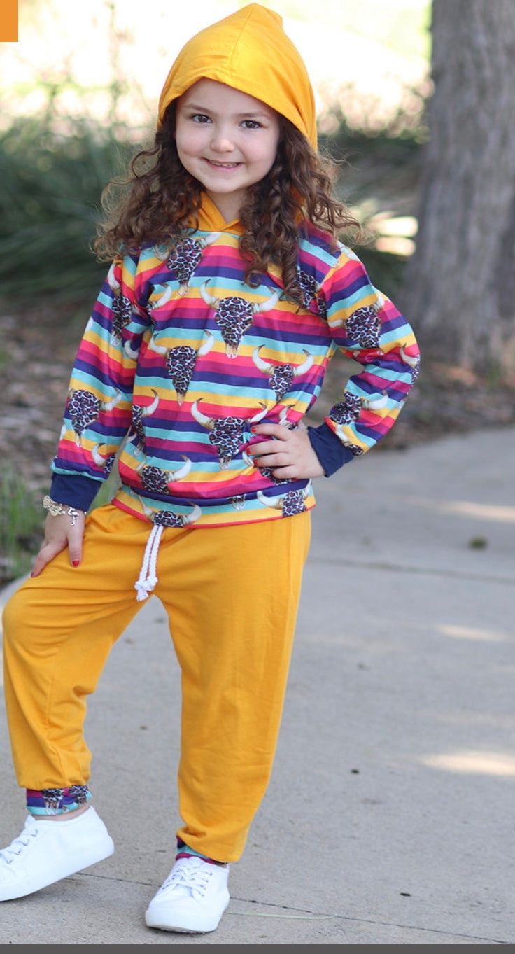 Girls Cow Skull & Striped Printed Hoodie with Orange/Yellow Joggers
