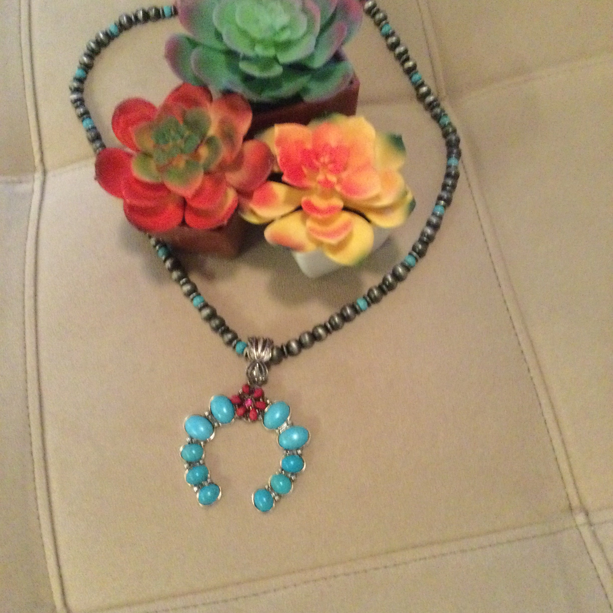 Top View -Beaded Turquoise Crescent Pendant with Red Flower Necklace