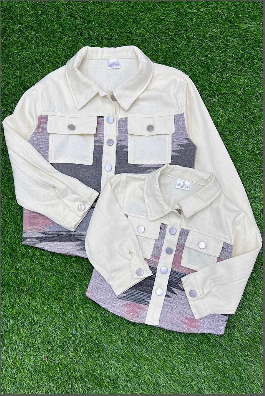 Mom & Me Candle Light Denim Button Up Jacket with Aztec Pattern and White Sleeves