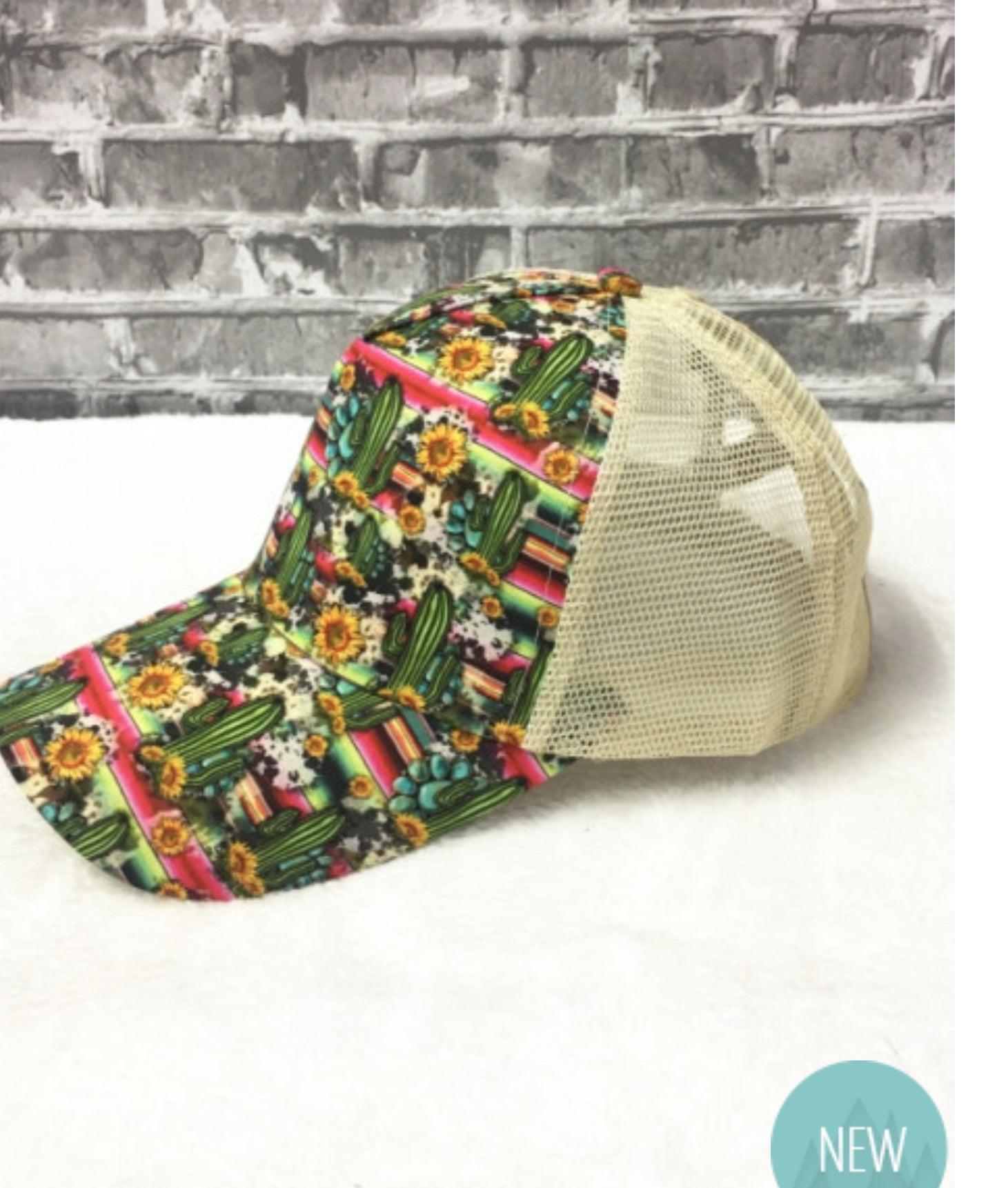 Multicolored Cactus Messy Bun Cap