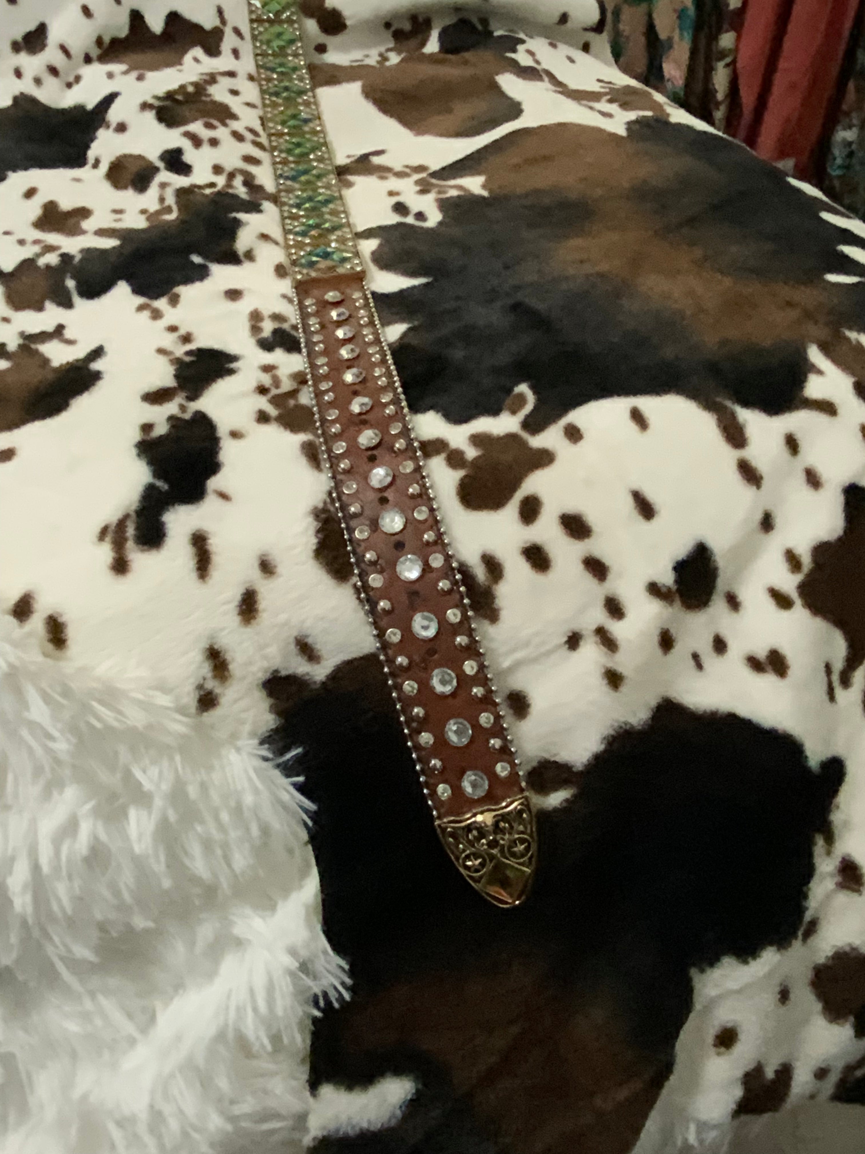 Rhinestone holed View-Genuine Leather Blingy Belt with Rhinestones