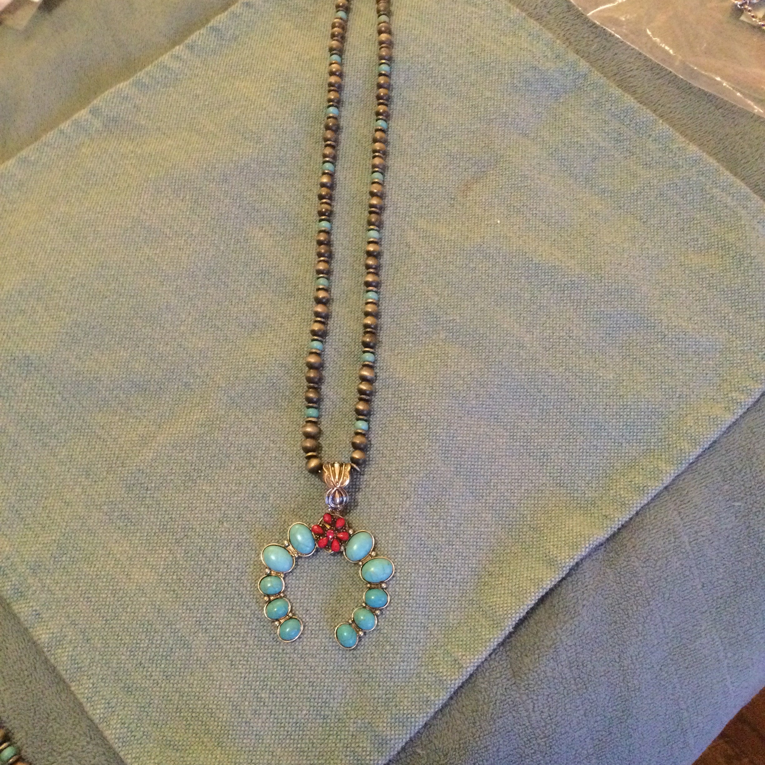 Second Top View-Beaded Turquoise Crescent Pendant with Red Flower Necklace