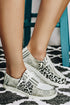 Side View-Grey Striped & Leopard Print Lace Up Boat Shoes with Flowers