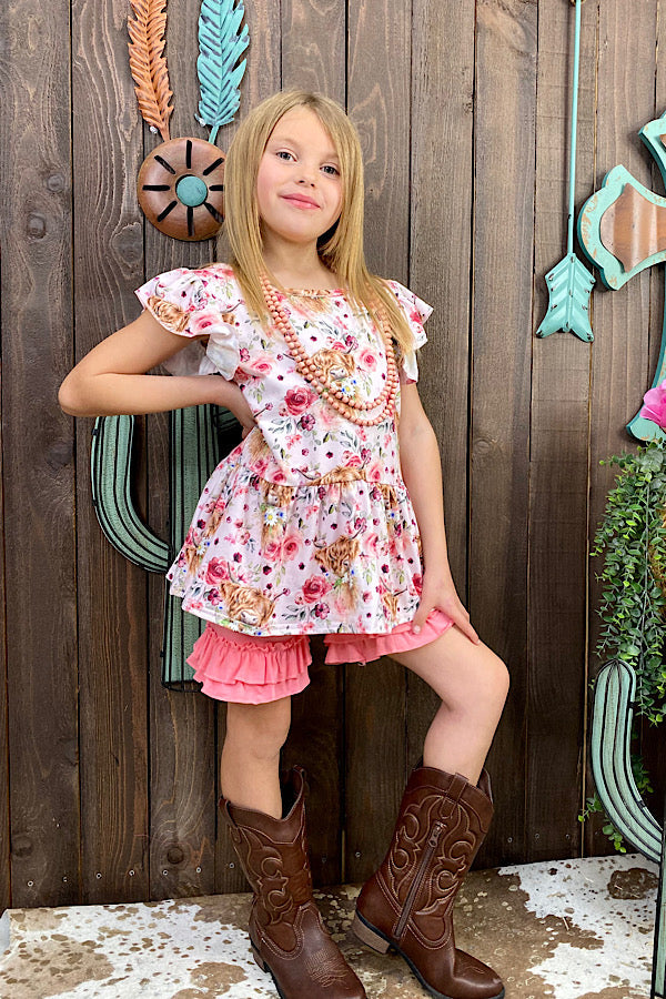 Girls Pink Hippy Cow Printed Short Set
