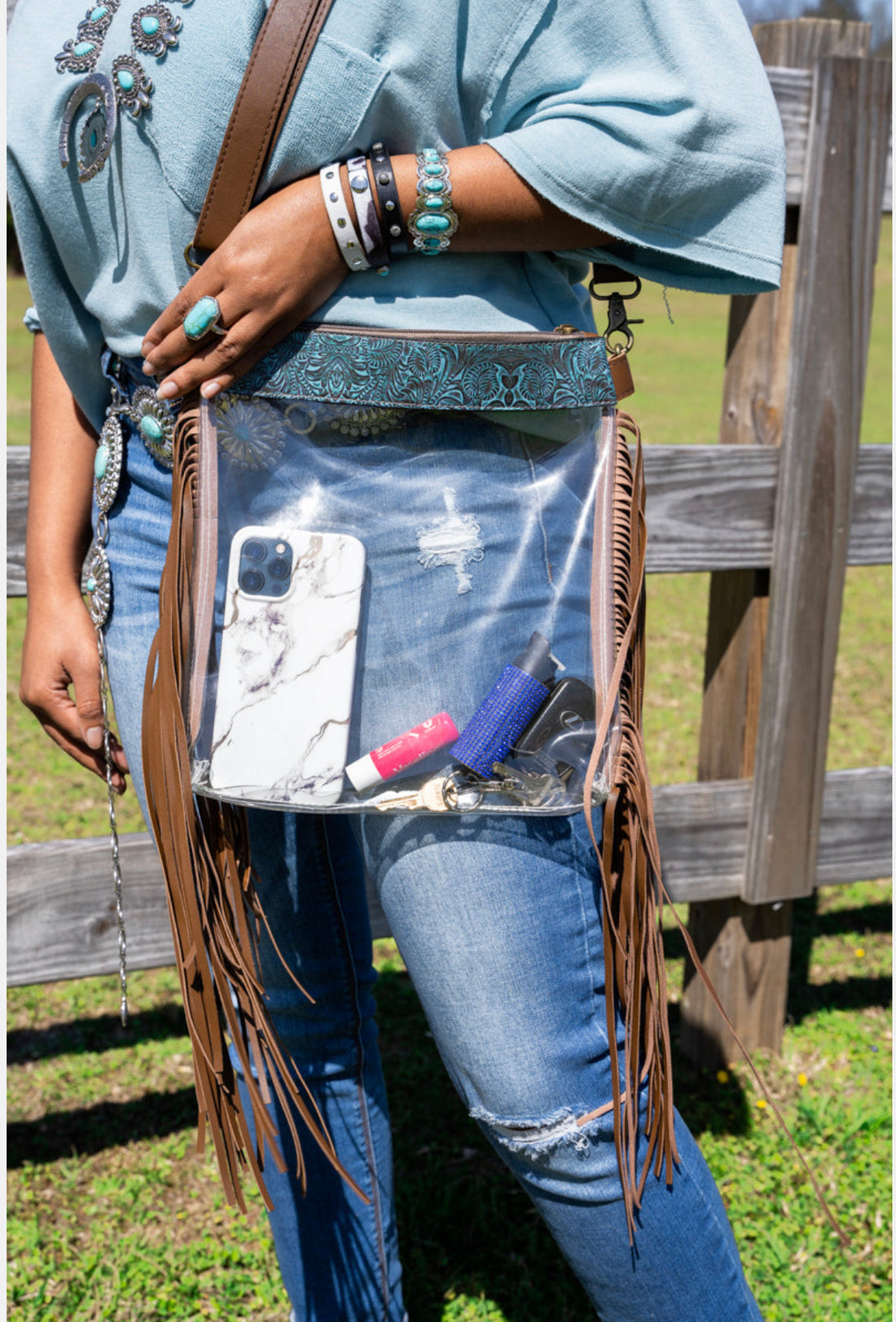 Brown Leather-Clear Cross body Leather Fringe Purse