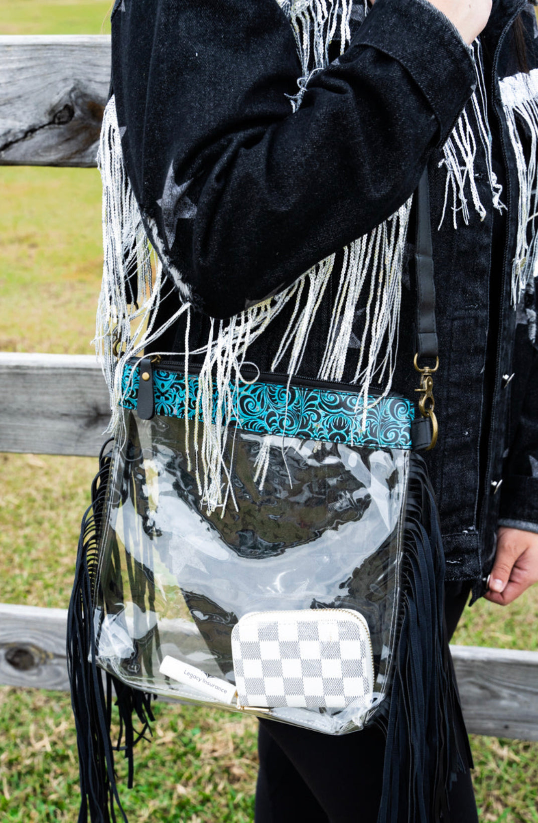 Black Leather-Clear Cross body Leather Fringe Purse