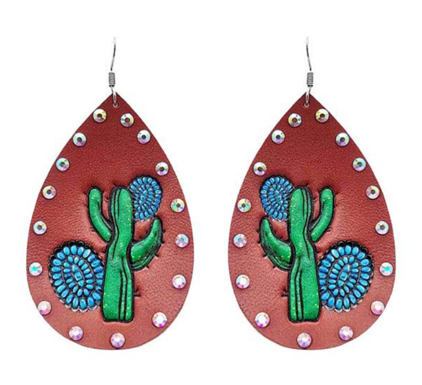 Leather Teardrop Earrings with Rhinestones and Cactus