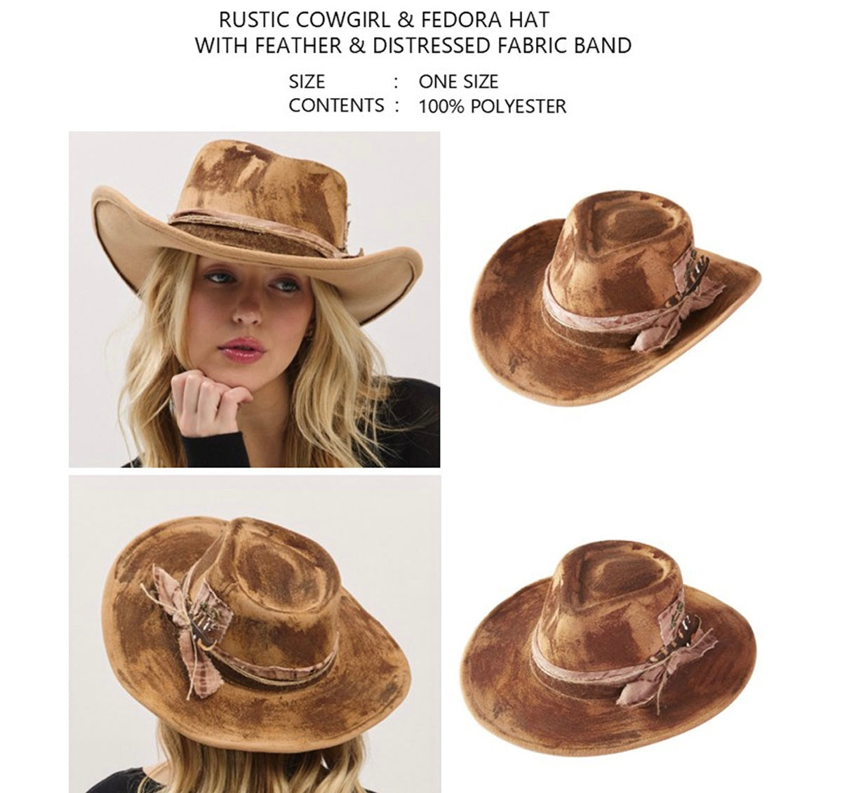 Rustic Cowgirl Fedora Hat with Feather &amp; Distressed Fabric Band