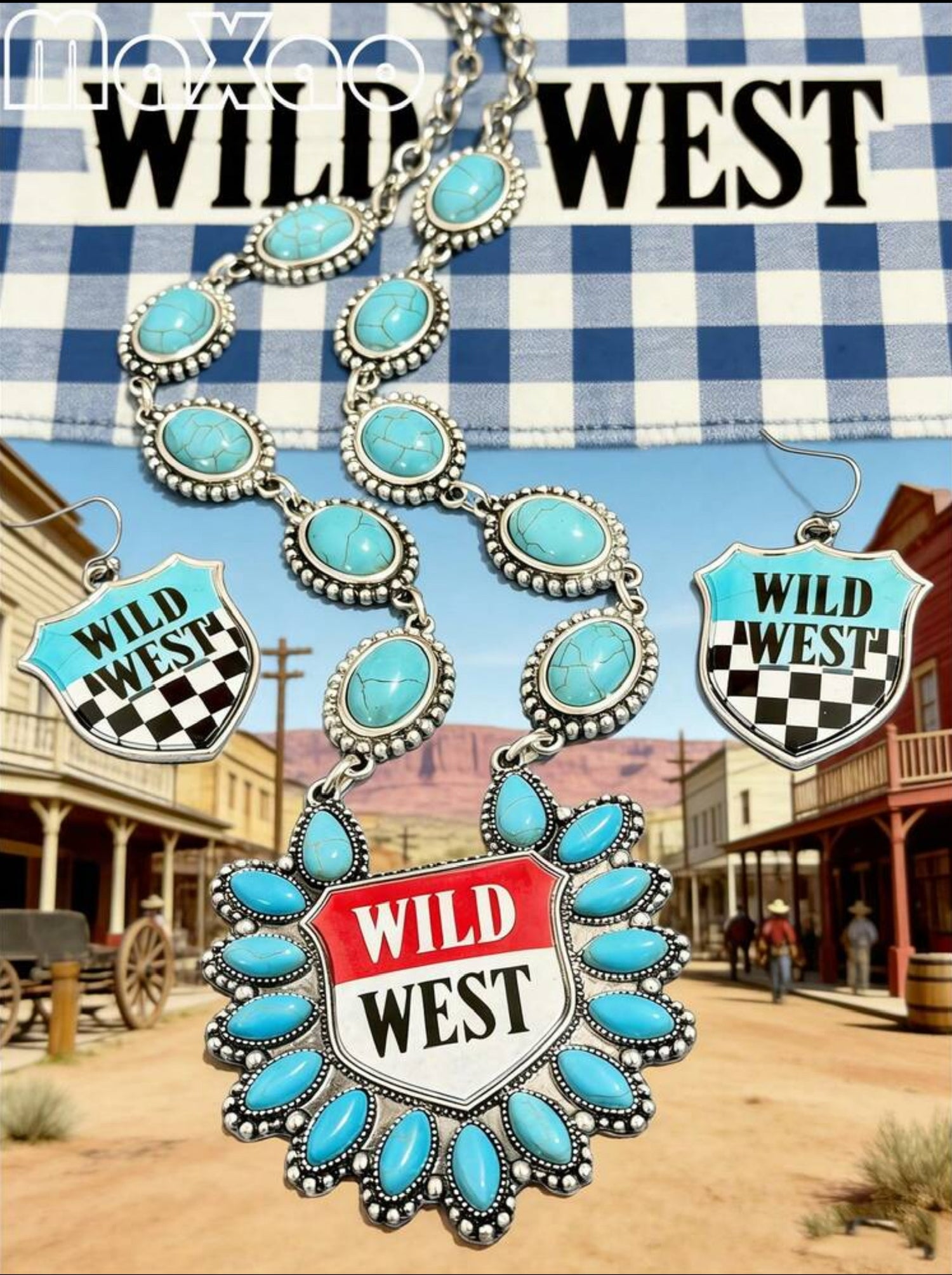 American Wild West Turquoise Pendant Necklace and Dangle Earrings