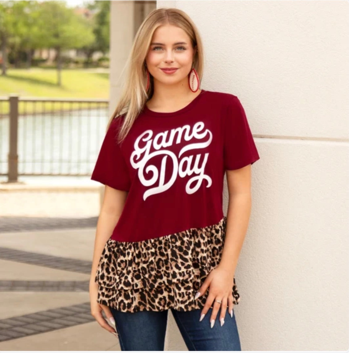 Game Day Leopard Color Block Ruffle Bottom Top