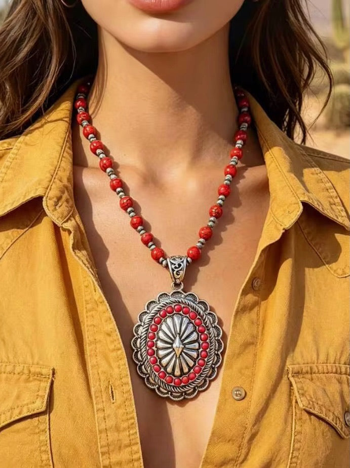 Southwest Bohemian Red Pendant on Bead Necklace