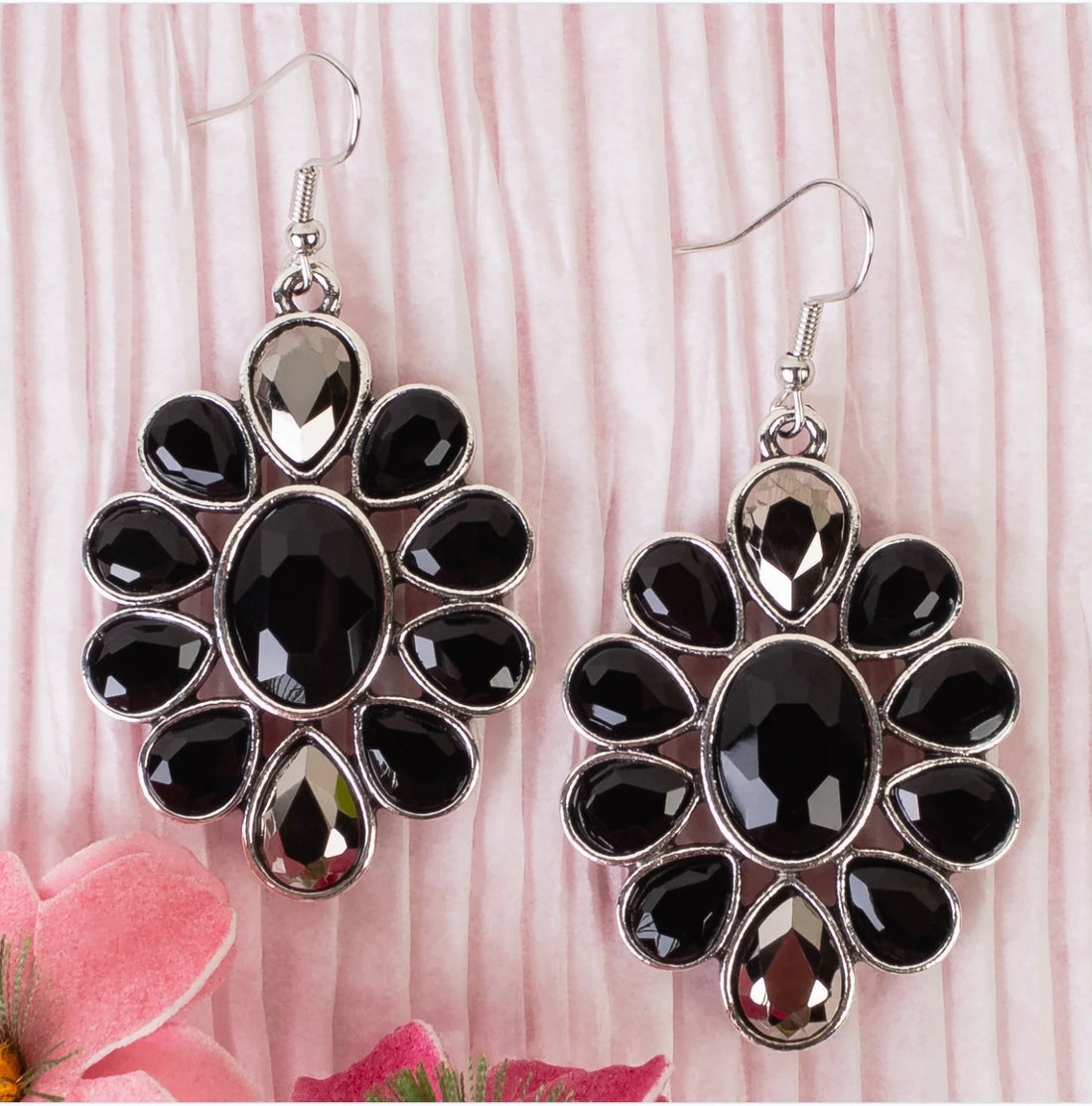 Black Crystal Flower Dangle Earrings