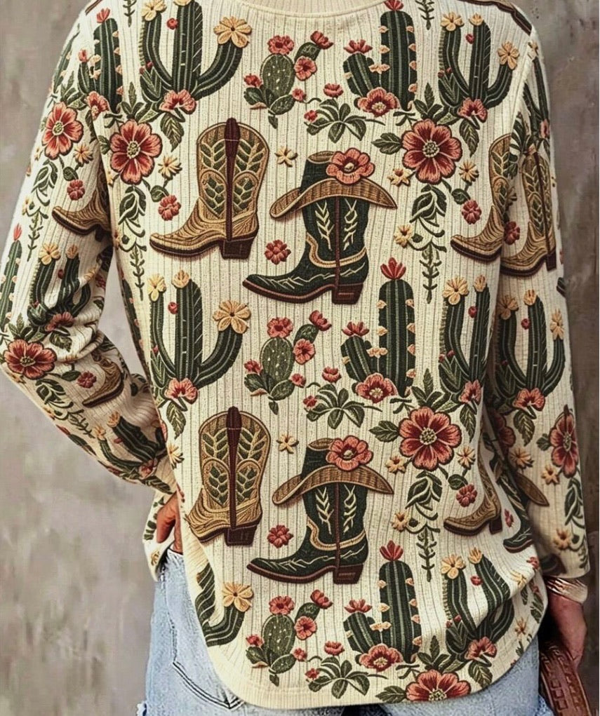 Western Cactus Print Long Sleeve Top