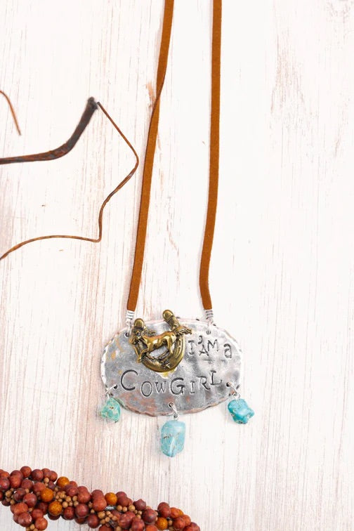 Burnished Two Tone with Turquoise Stone ‘Cowgirl’ Cord Necklace