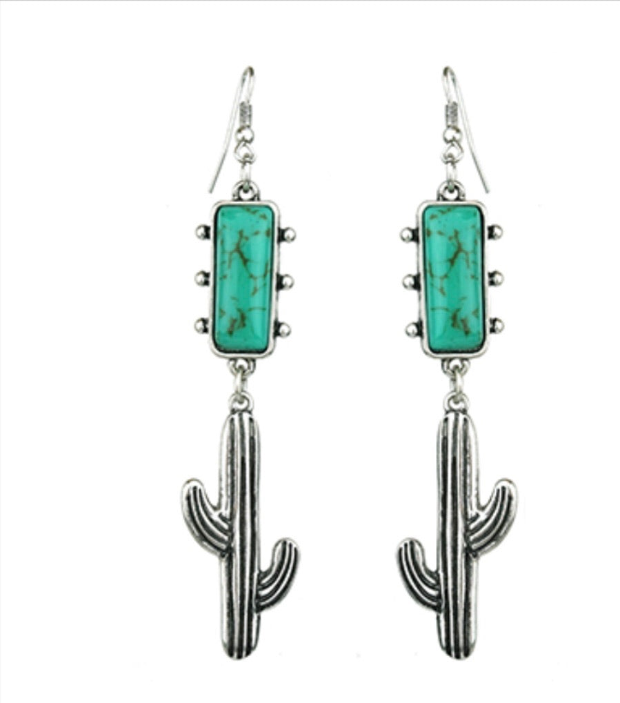 Burnished Silver Cactus &amp; Turquoise Long Dangles