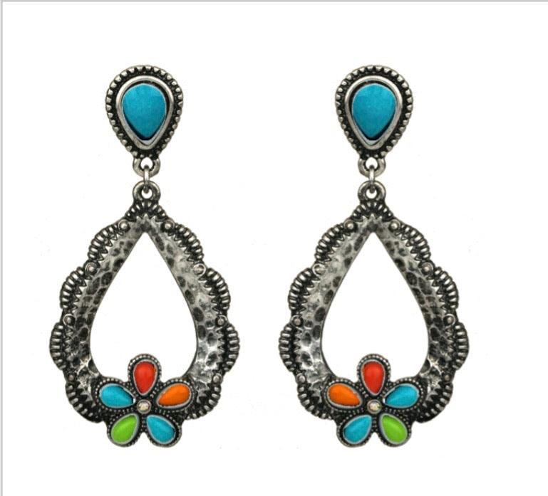 Burnished Silver &amp; Turquoise Flower Teardrop Earrings