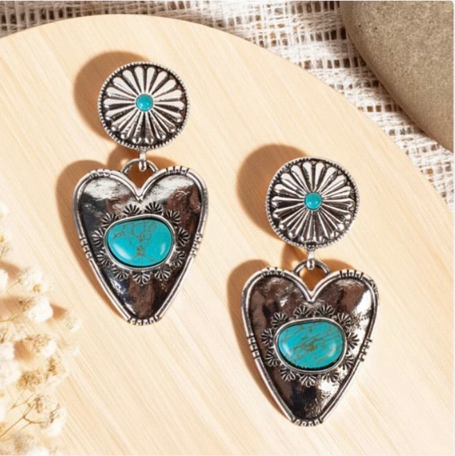 Burnished Silver Squash Blossom Heart Dangle Earrings