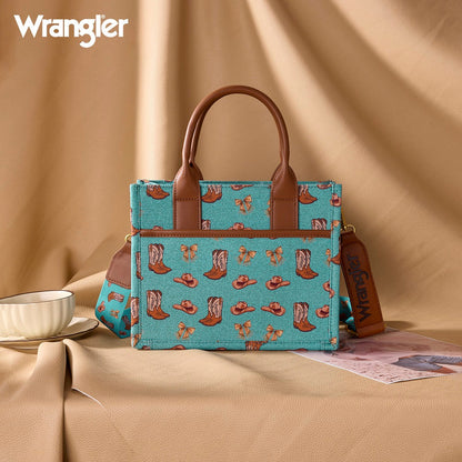 Wrangler Cowgirl Print Canvas Crossbody Purse with Charm