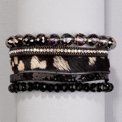 Magnetic Close Bead and Leather Stacked Bracelet