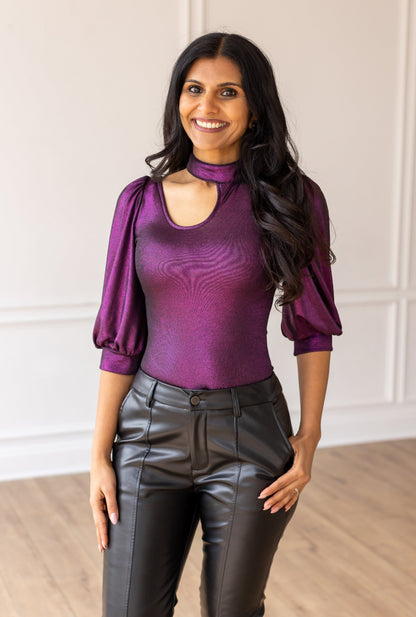 Chic Magenta Cutout and Puff Sleeve Bodysuit
