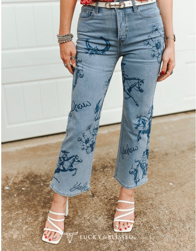 Light Wash Western Print High Rise Straight Cropped Jeans