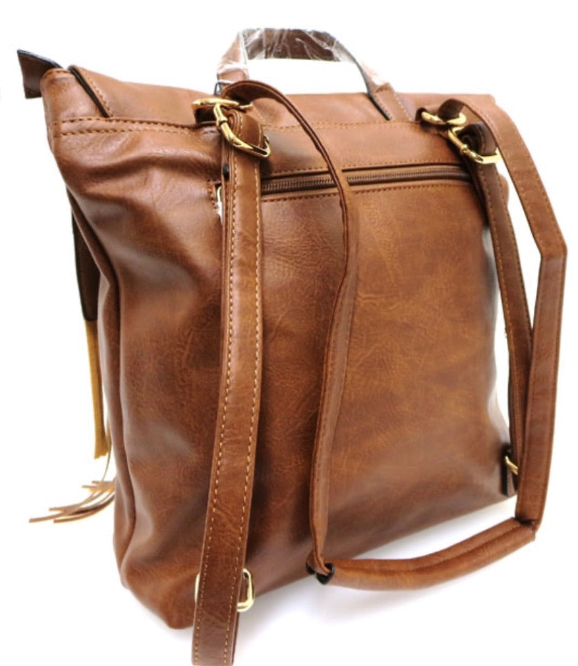 Convertable Fringe Backpack  with Back Pocket and Zip Closure