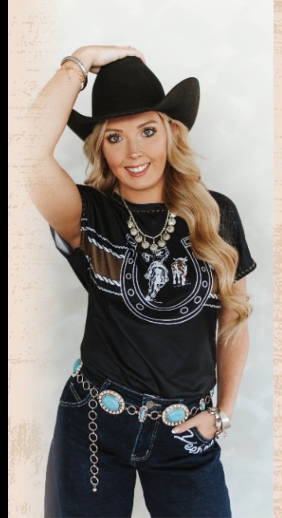 Black Horseshoe Rodeo Contrast Short Sleeve Top