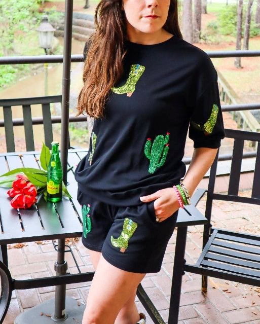 Nueces Boot and Cactus Sequin Embellished Short Set