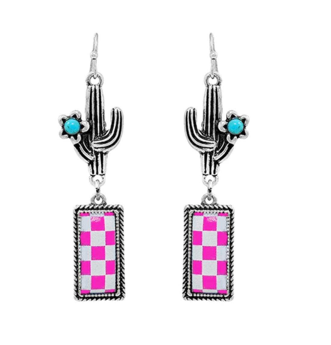 Burnished Silver Cactus with Pink Checker Dangle Earrings