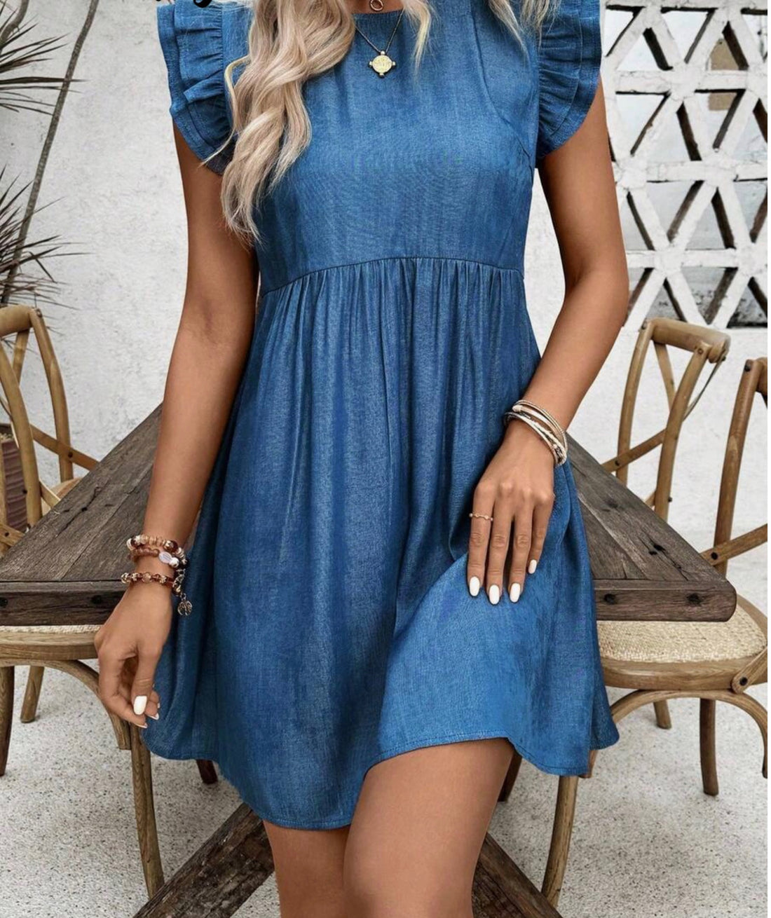 Womens Solid Color Ruffle Hem Round Neck Dress