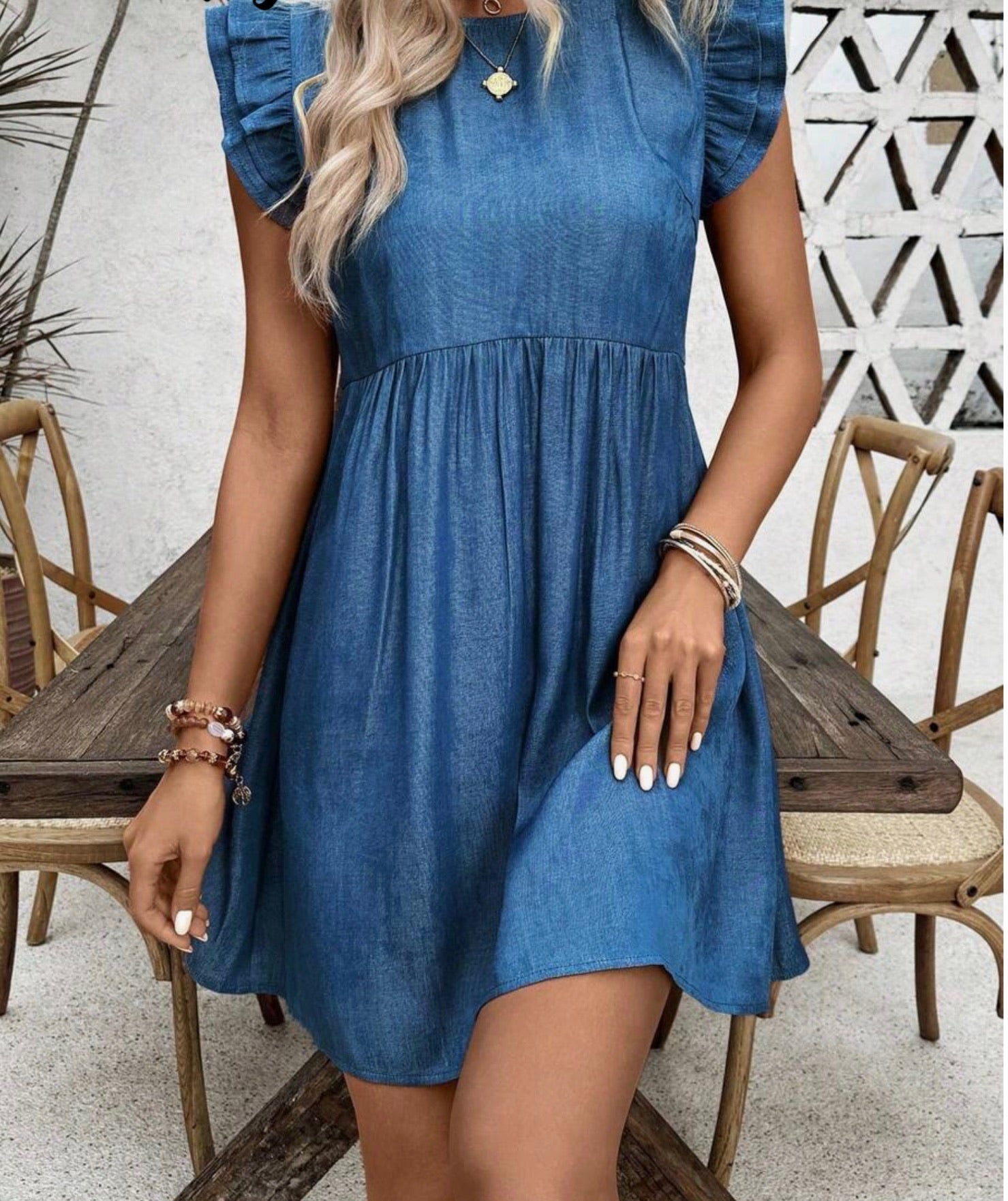 Womens Solid Color Ruffle Hem Round Neck Dress