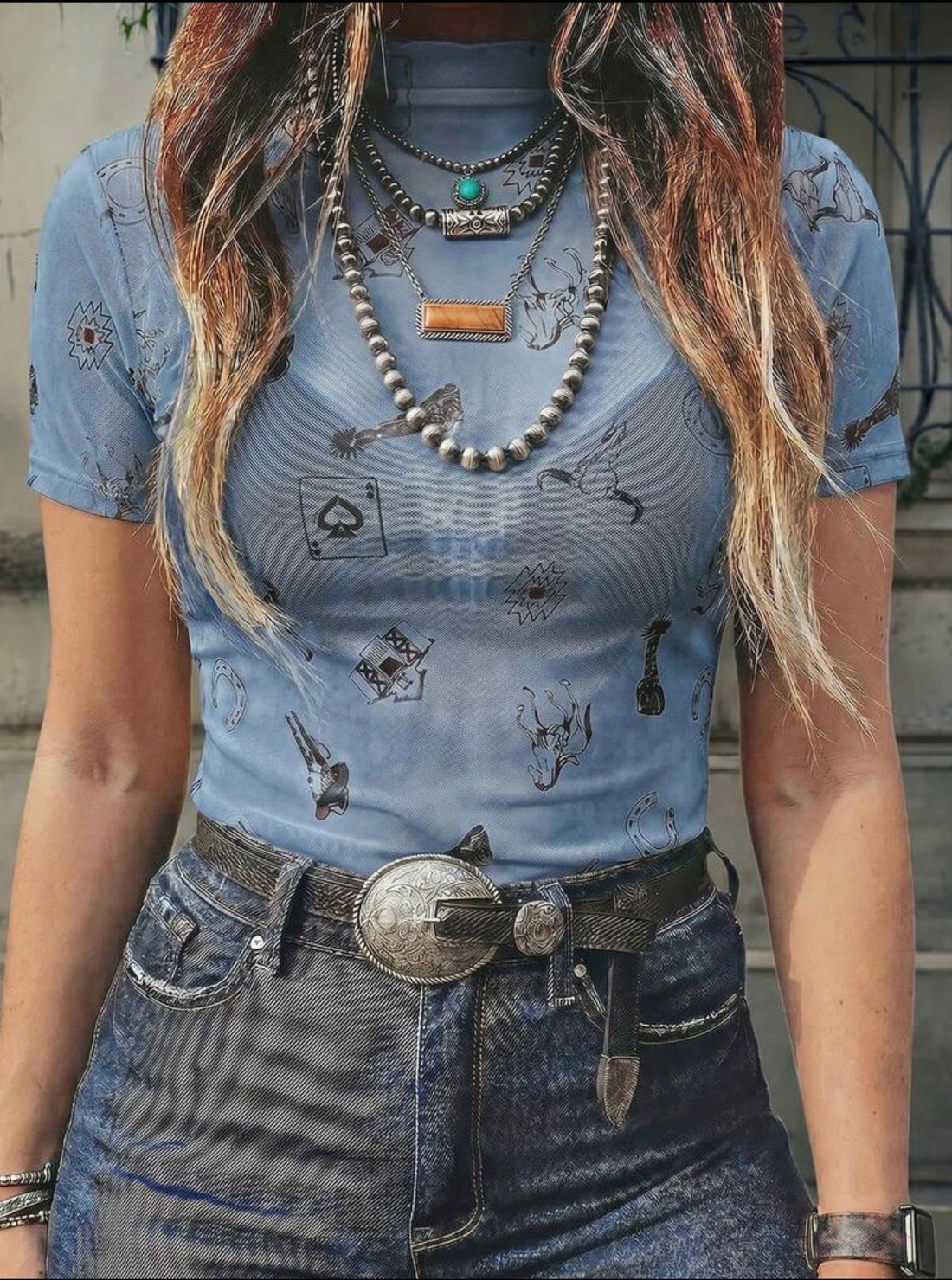Acelitt Short Sleeve Western Print Mesh Top