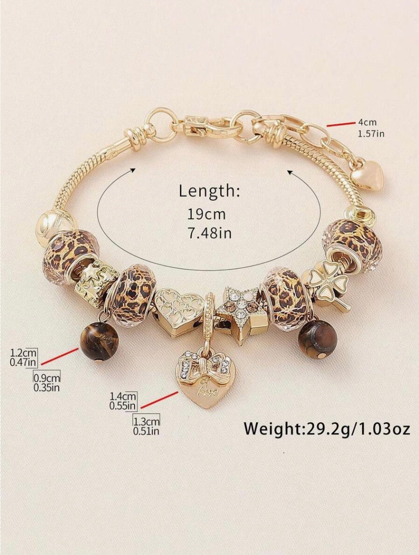 Leopard Bead Gold Charm Bracelet