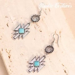 Rustic Couture Turquoise Stone Aztec Dangle Earrings