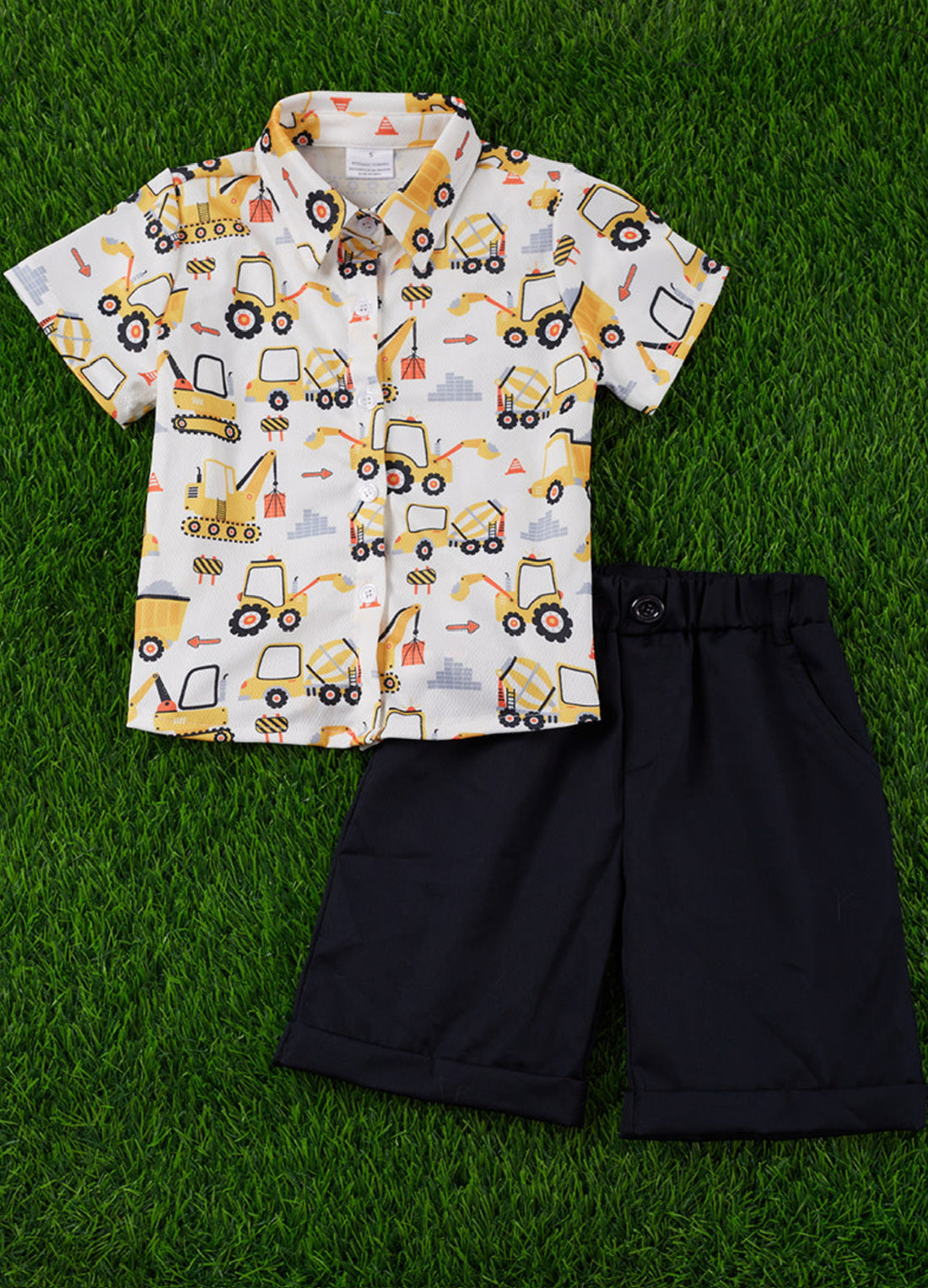 Construction Truck Printed Boys Shirt with Black Shorts