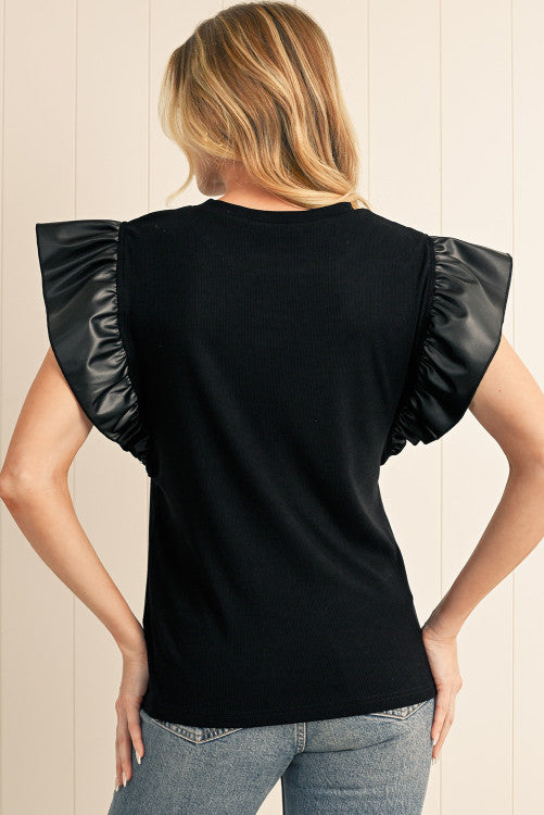 Women’s Acelitt Black Patchwork Knitted Ribbed Ruffle Trim Blouse