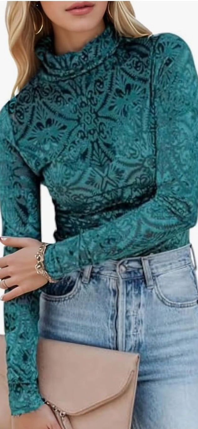 Slim Fit Velvet Burnout Mock Neck Top