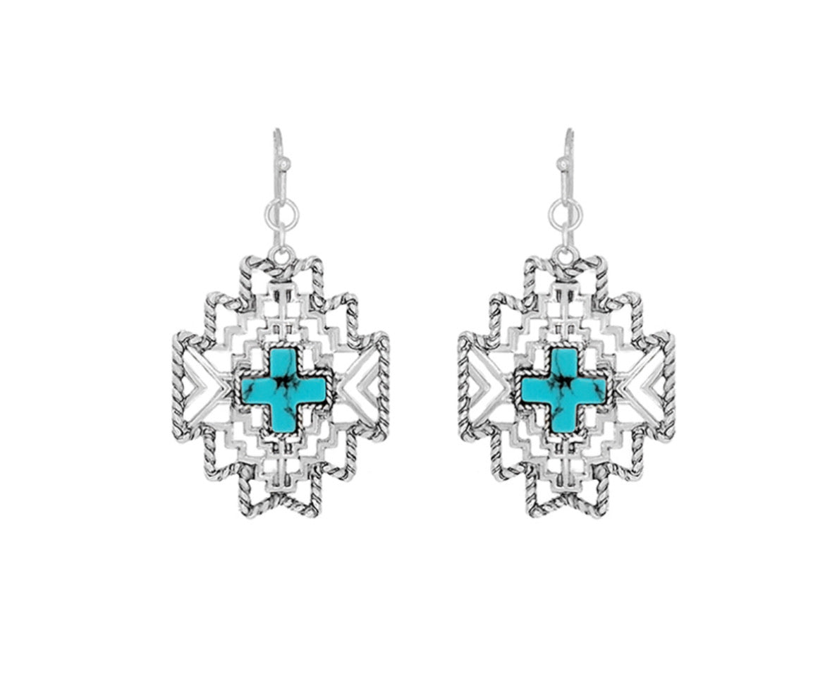 Silver Tribal Design Dangle Earrings with Turquoise Cross