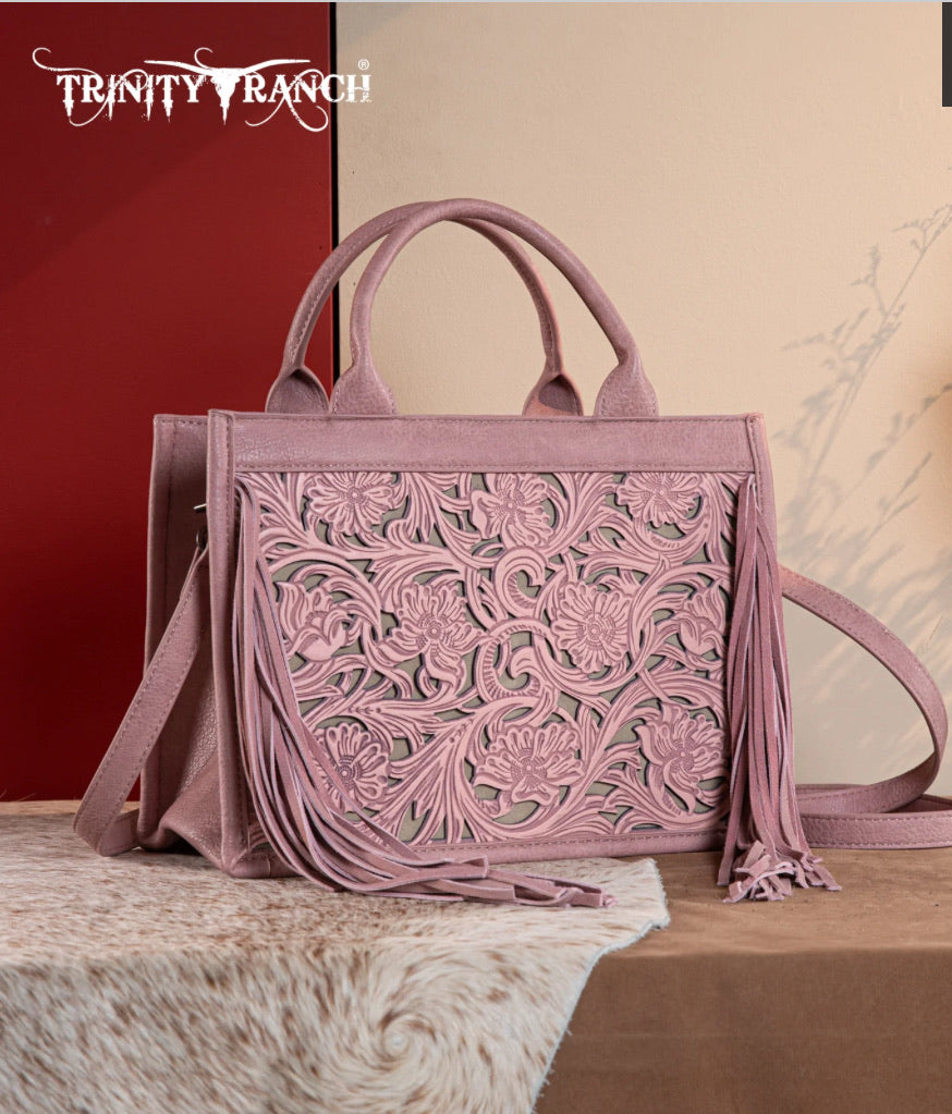 Trinity Ranch Pink Floral Tooled Fringe Conceal Carry Crossbody Tote