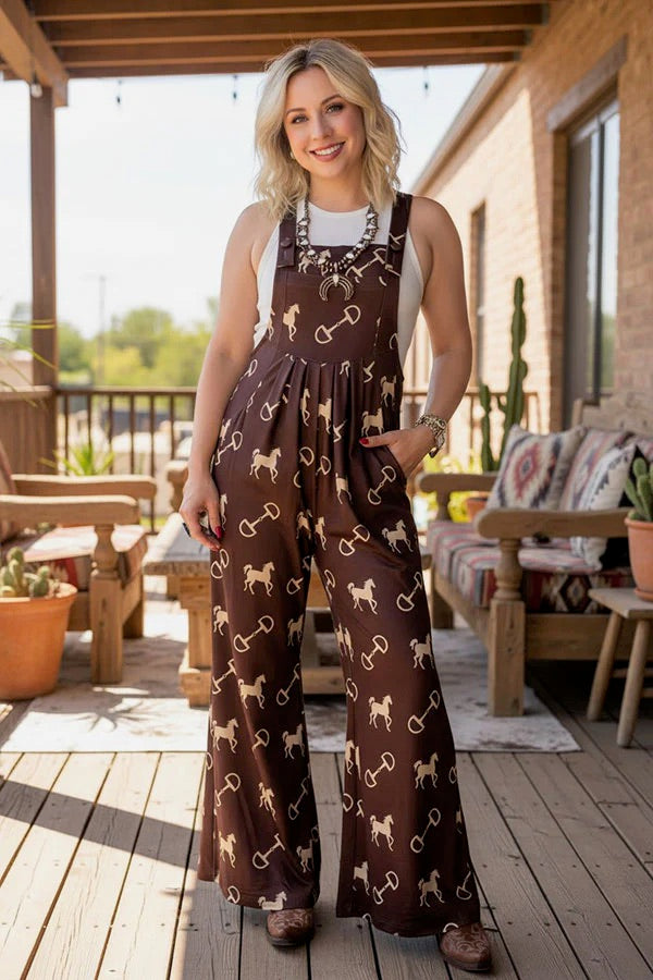 Western Chic Horse and Stirrup Print Wide Leg Overalls
