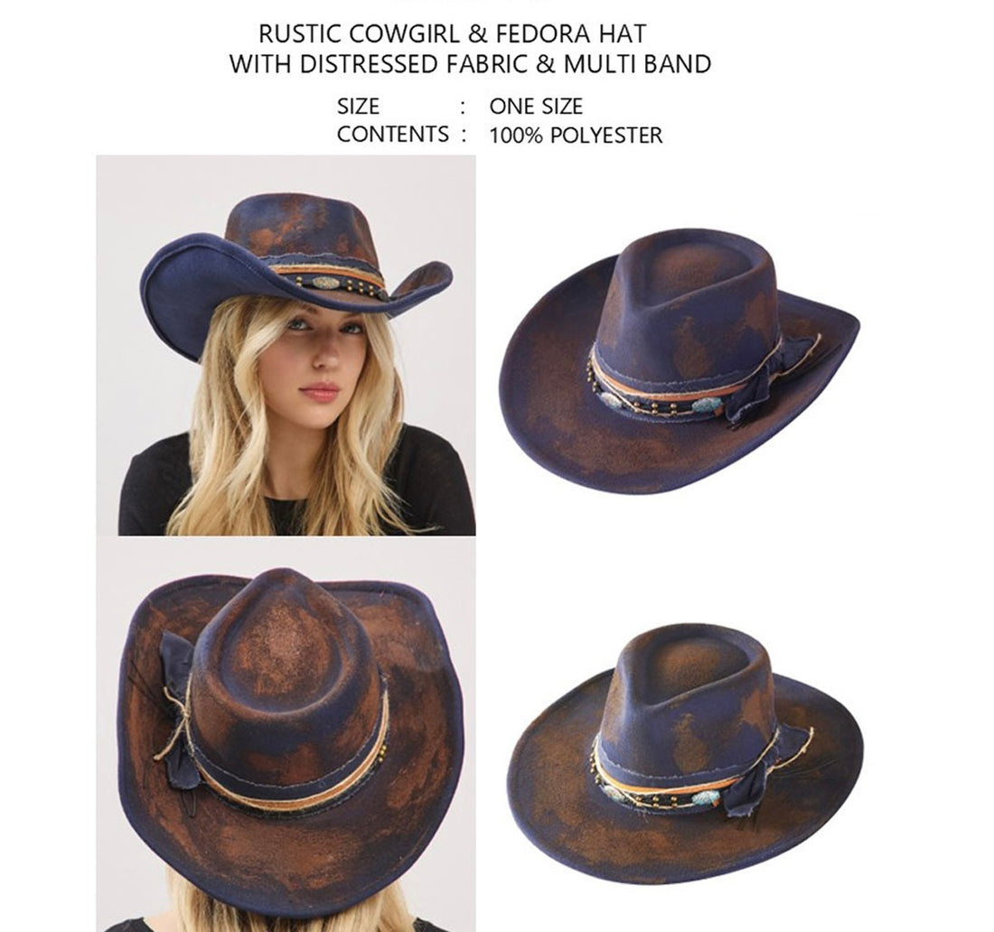 Rustic Cowgirl Fedora Hat with Feather & Distressed Fabric Band