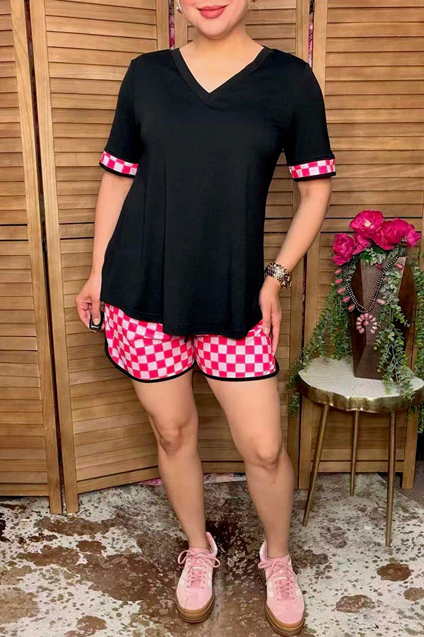 Western Chic Black and Pink Checkered Short Set